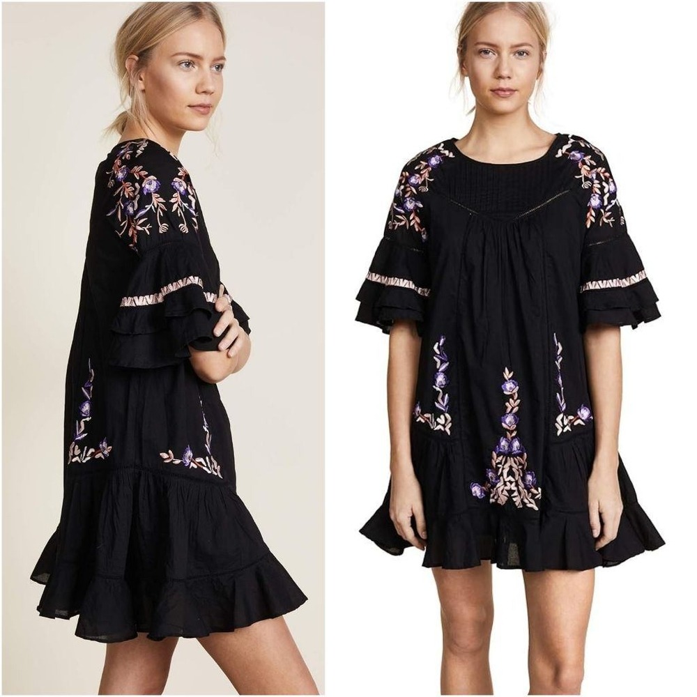 Free People Pavlo Black Embroidered Floral Babydoll Mini Dress Ruffle Tunic S